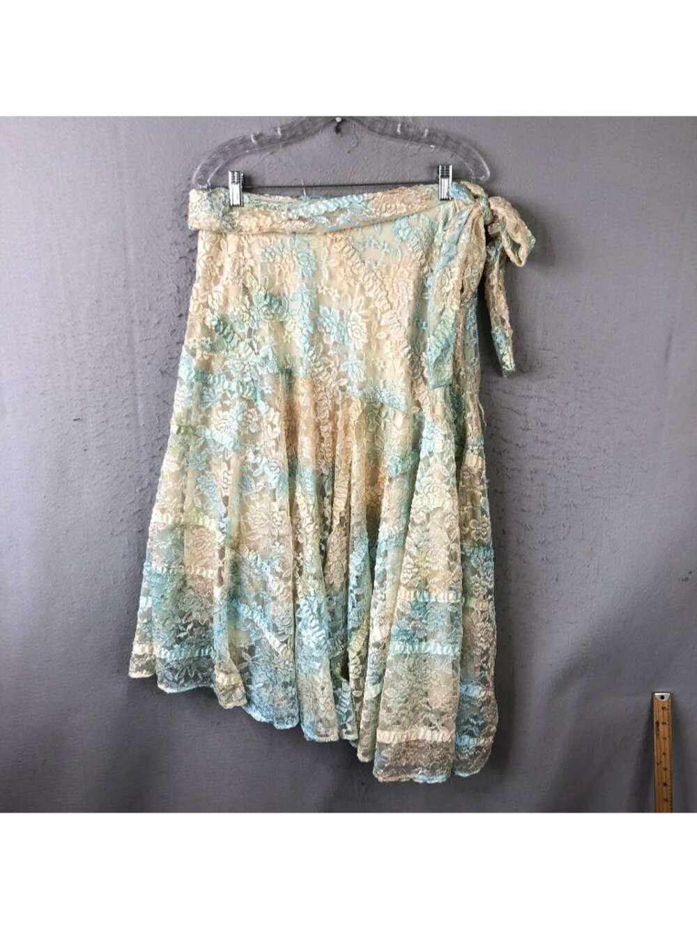 Double D Ranch Skirt Womens Medium Aqua Cream Lace Wrap Midi Lined Ruffle Floral